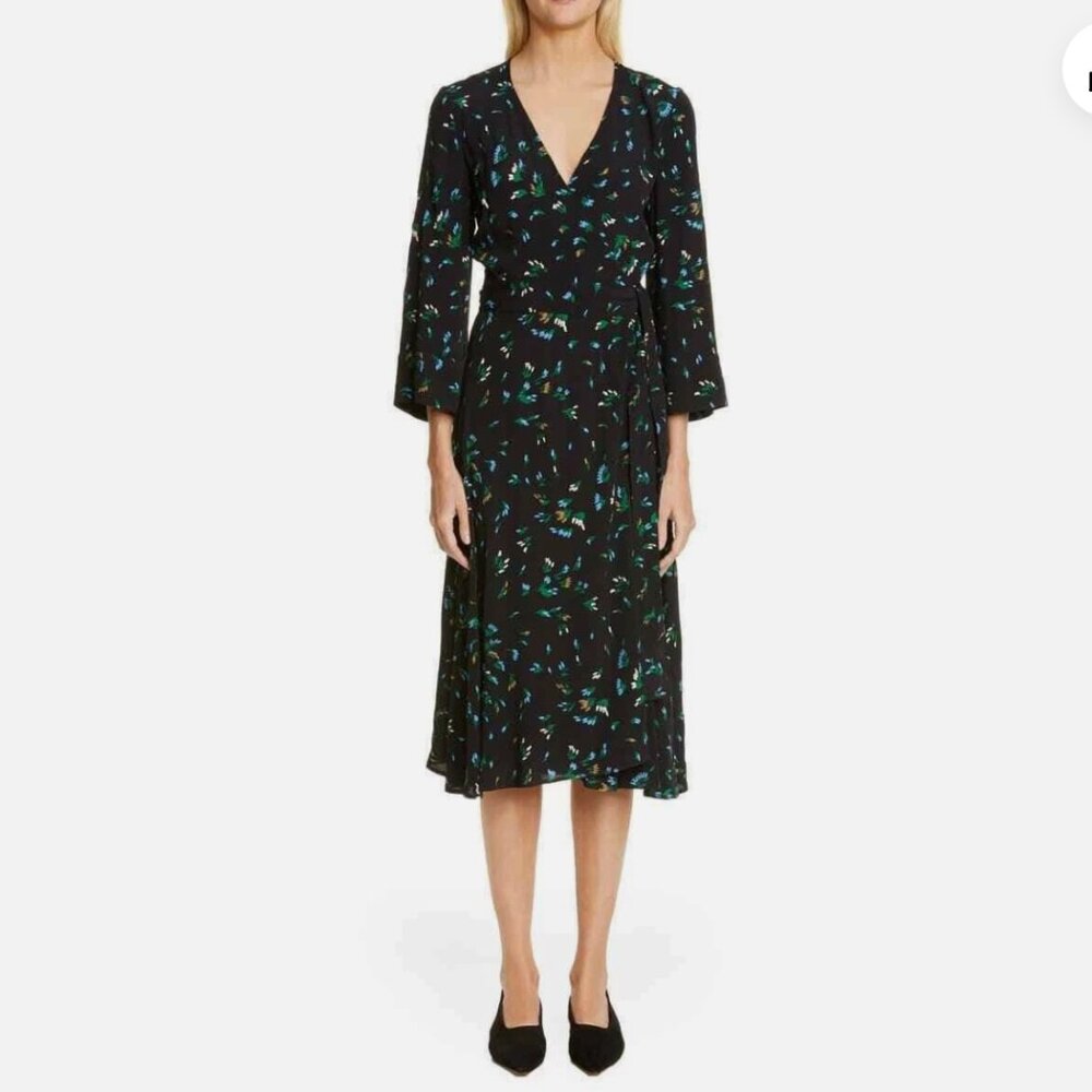 GANNI Floral Wrap Midi Dress Black Viscose Crepe Bell Sleeve EU 34 XS